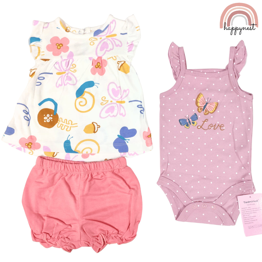 Baby Girls Pink Butterfly 3-Piece Outfit with Top Bodysuit Bloomers | 0-18M AA258