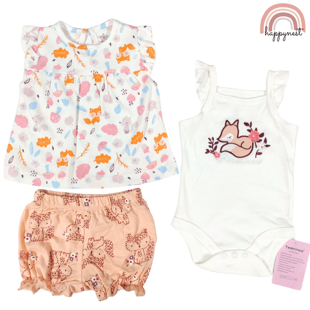 Baby Girls Fox 3-Piece Outfit with Top Bodysuit Bloomers | 0-18 Months AA260