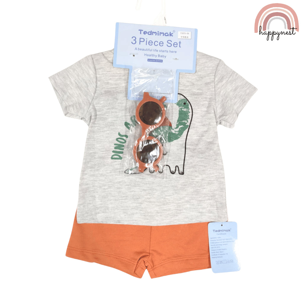 Baby Boys Dinos Are Fun 3-Piece Outfit with Top Shorts Sunglasses | 0-18 Months AA274