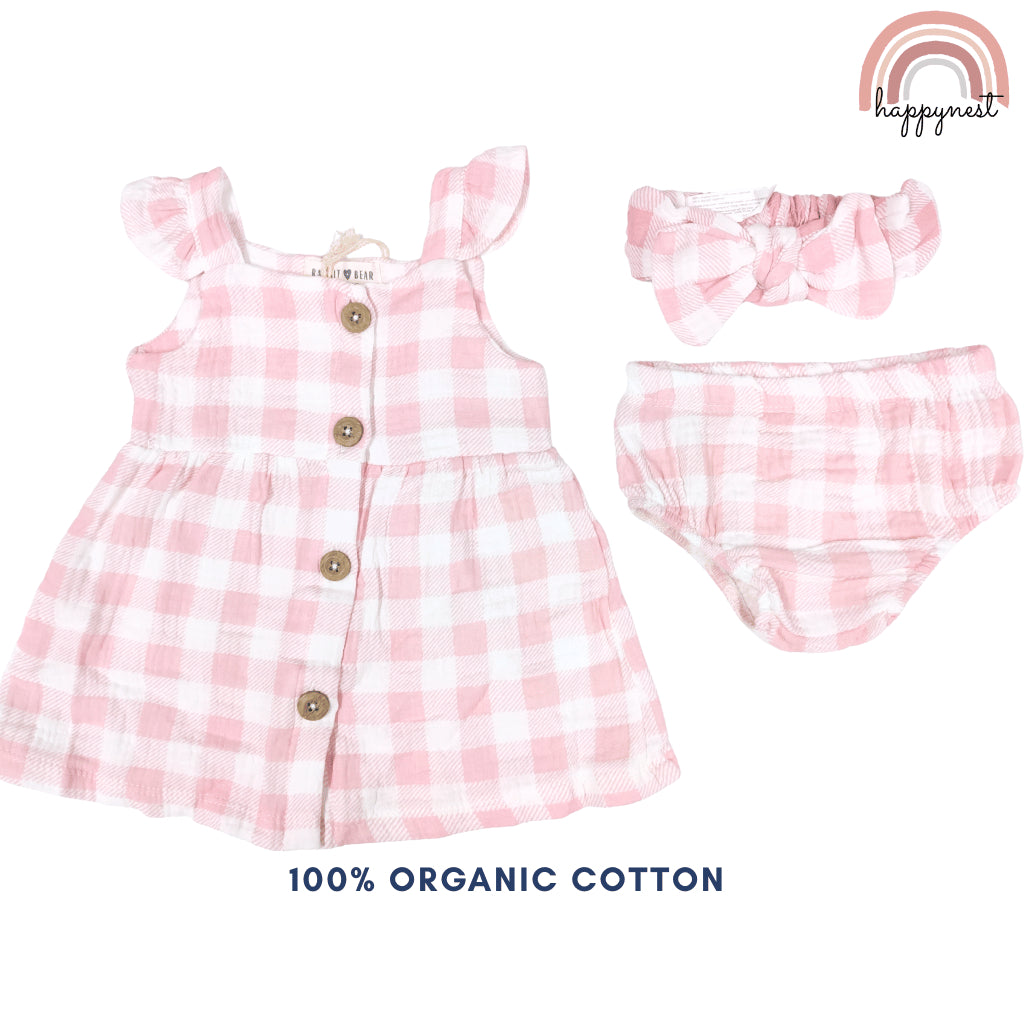 Baby Girl Clothes 3-Piece Set Pink Checkered Dress Bloomers Headband 0-12M AA315