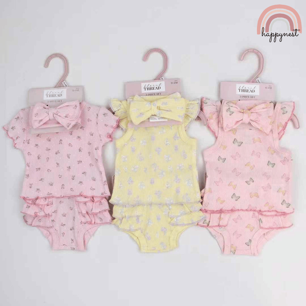 Baby Girls Pink Floral 3-Piece Outfit with Top Bloomers Headband | 3-9 Months AA284