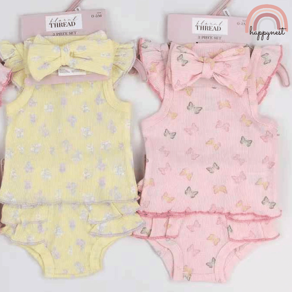 Baby Girls Peach Floral 3-Piece Summer Outfit with Top Bloomers Headband | 3-9M AA286