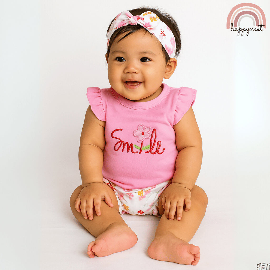 Baby Girls Pink Smile 3-Piece Outfit with Top Bloomers Headband | 0-18 Months AA263