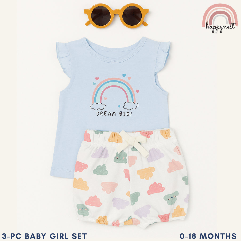Baby Girls Dream Big Rainbow 3-Piece Outfit with Top Shorts Sunglasses | 0-18M AA265