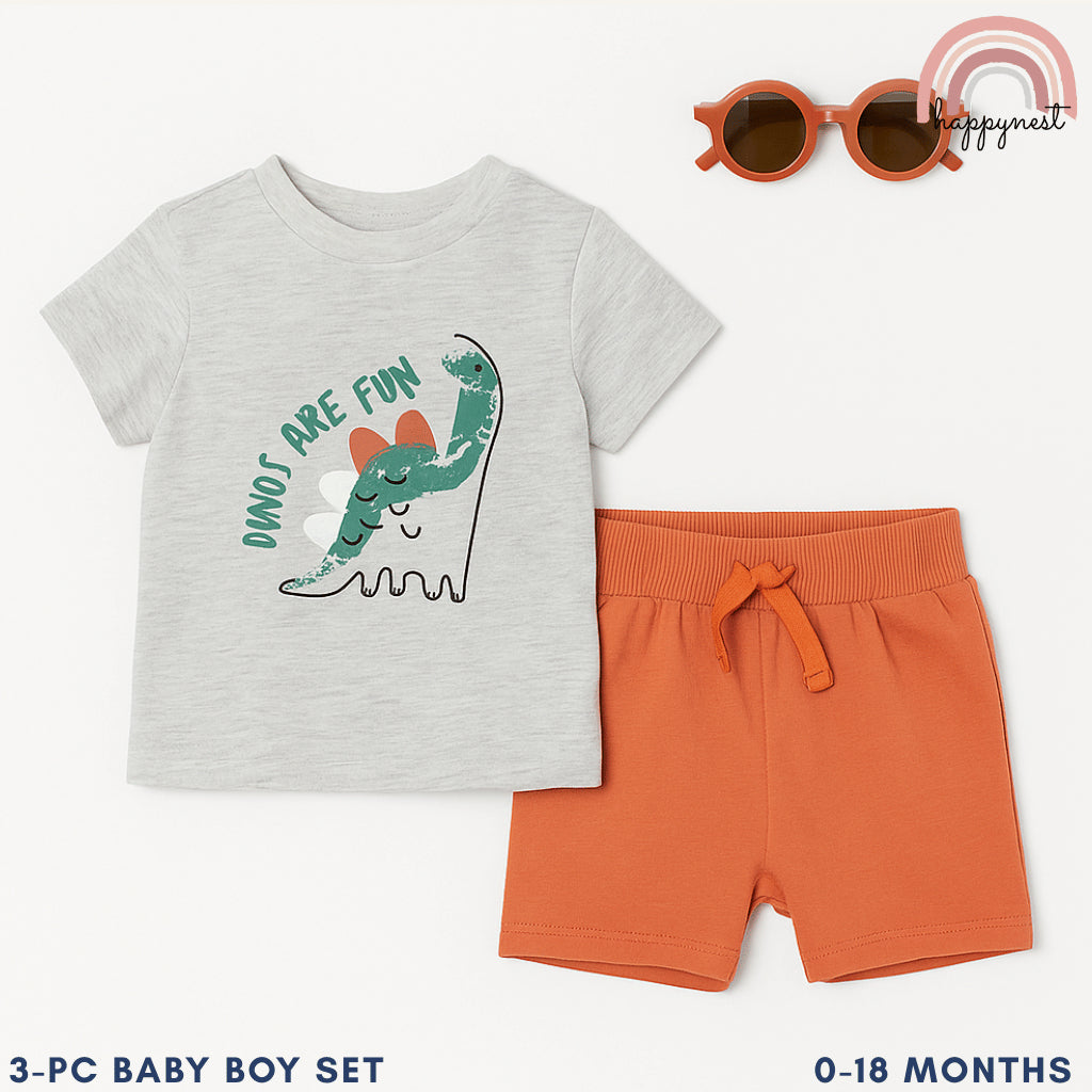 Baby Boys Dinos Are Fun 3-Piece Outfit with Top Shorts Sunglasses | 0-18 Months AA274