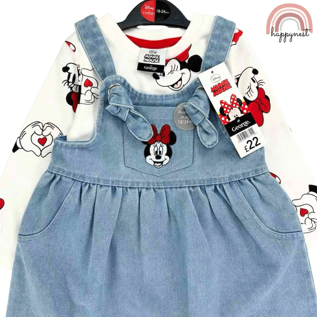 Minnie Mouse Baby Girl Outfit 2-Piece White Shirt + Denim Jumper Dress 3-36M AA280