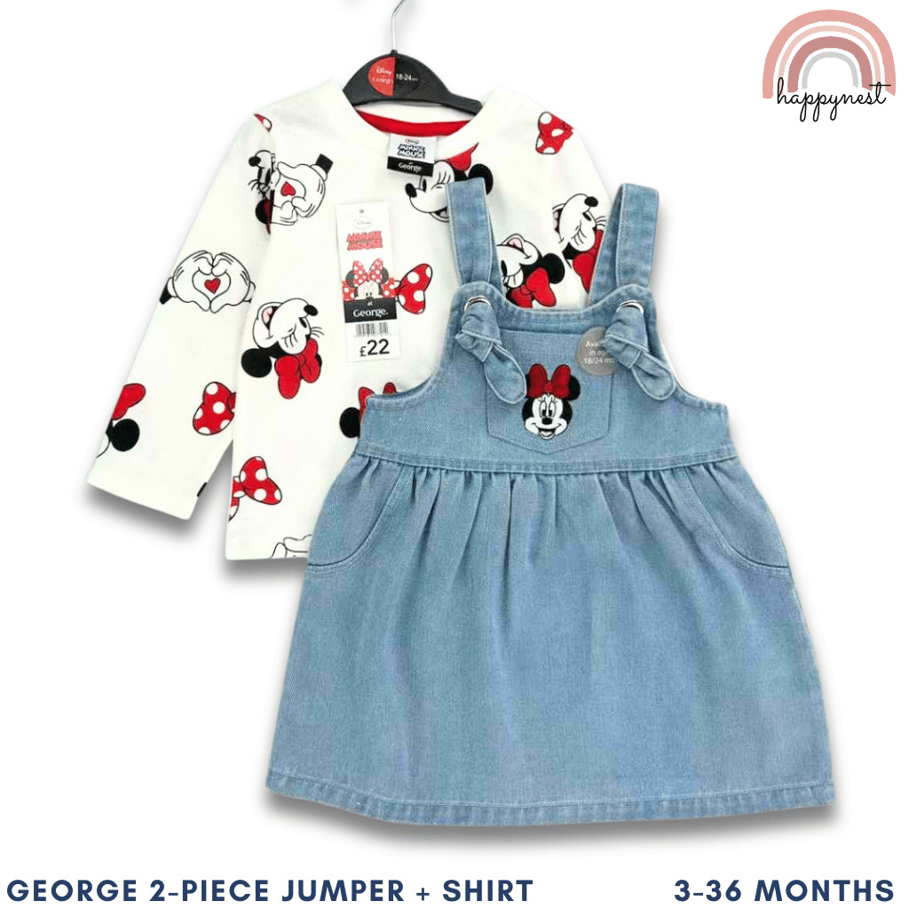 Minnie Mouse Baby Girl Outfit 2-Piece White Shirt + Denim Jumper Dress 3-36M AA280