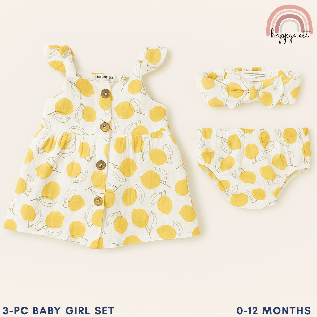 Baby Girl Clothes 3-Piece Set Lemon Print Dress Bloomers Headband 0-12 Months AA317