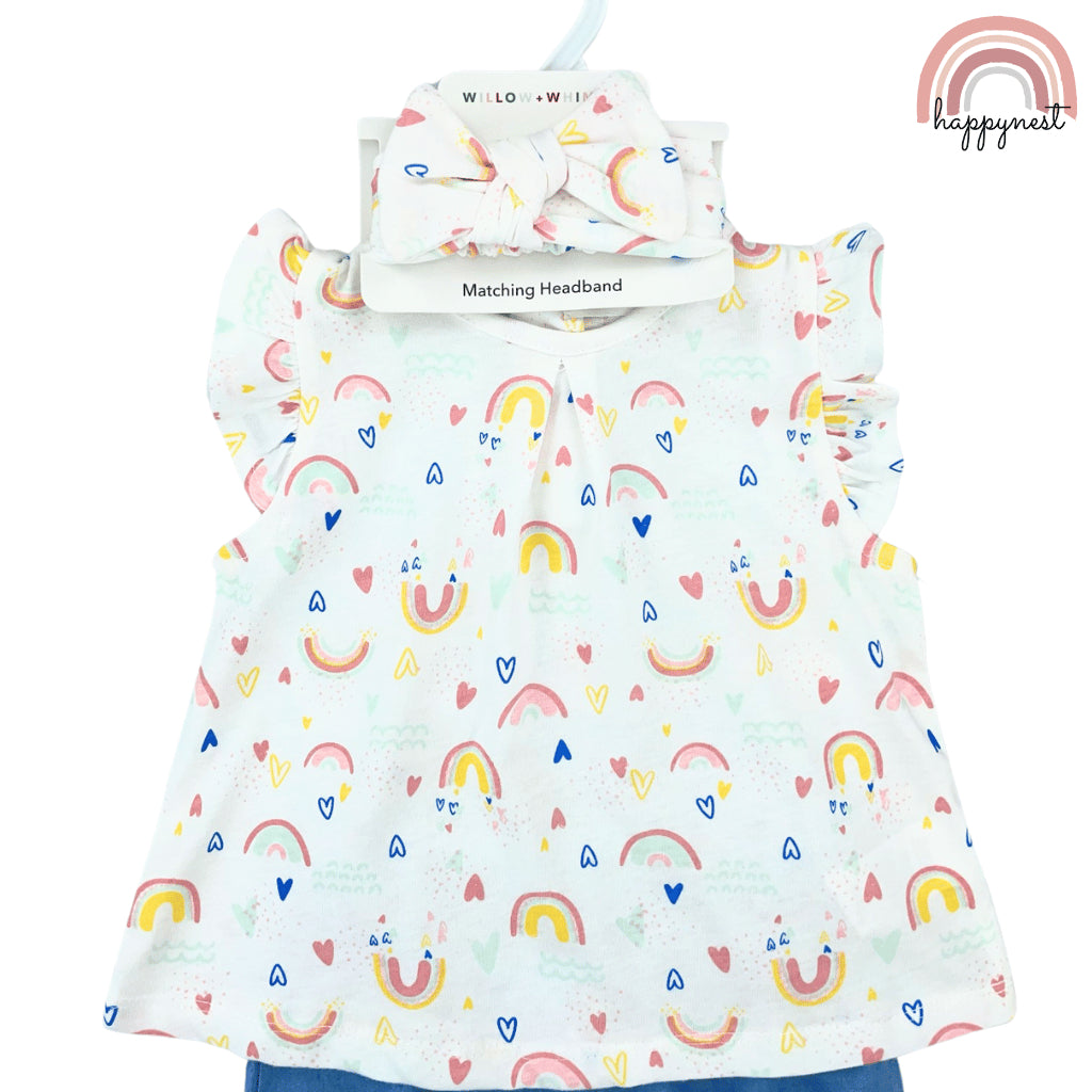 Baby Girl 3-Piece Rainbow Shirt Shorts and Headband Set 3-12 Months PH AA221
