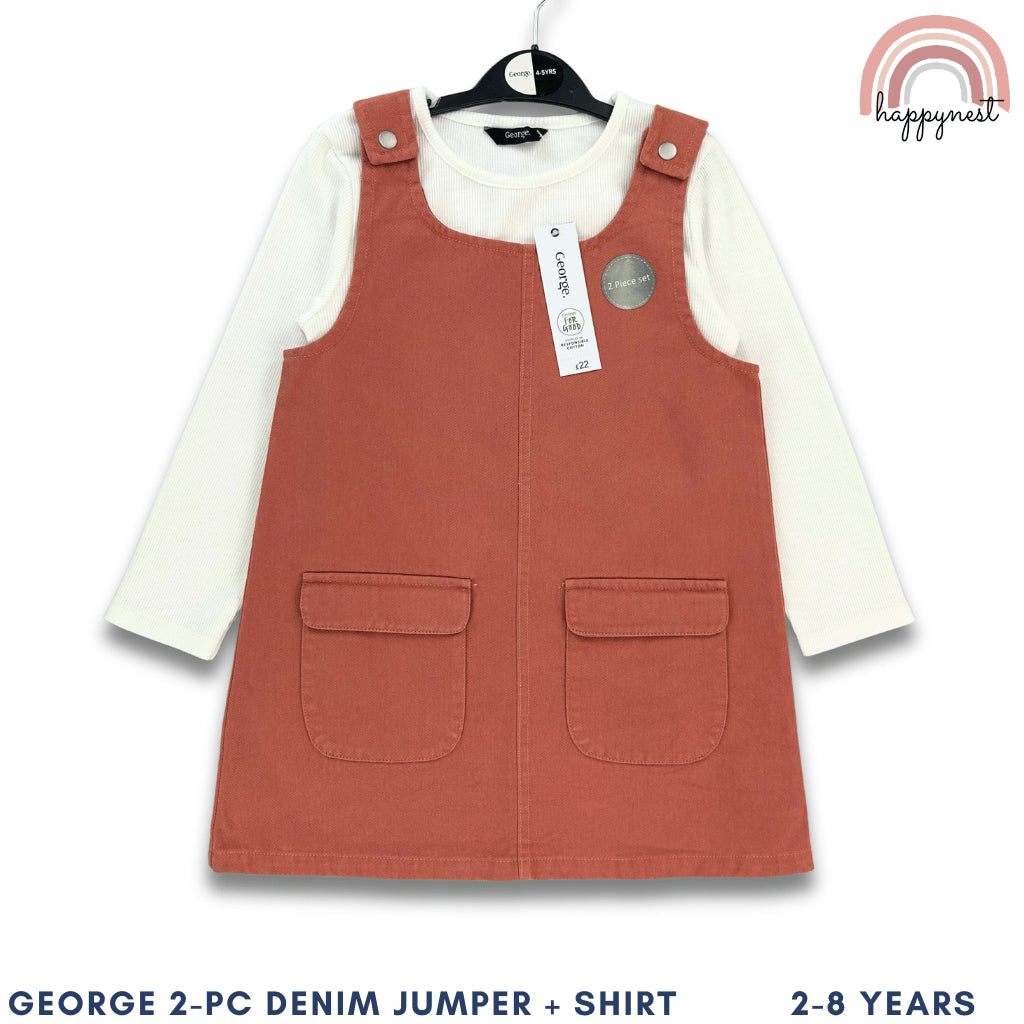 George Brown Jumper Dress + Beige Shirt Set for Girls 2-8 Years Old Outfit AA205