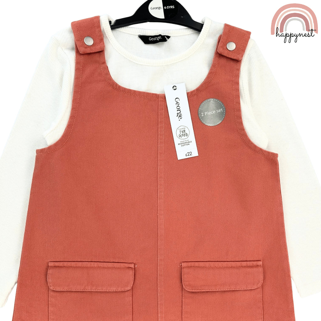 George Brown Jumper Dress + Beige Shirt Set for Girls 2-8 Years Old Outfit AA205