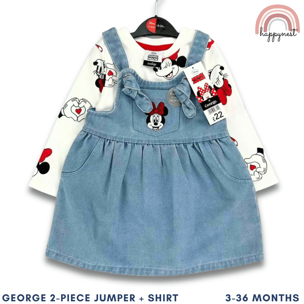Minnie Mouse Baby Girl Outfit 2-Piece White Shirt + Denim Jumper Dress 3-36M AA280