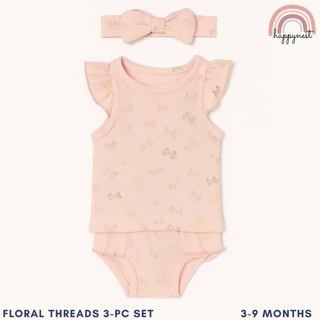Baby Girls Peach Floral 3-Piece Summer Outfit with Top Bloomers Headband | 3-9M AA286