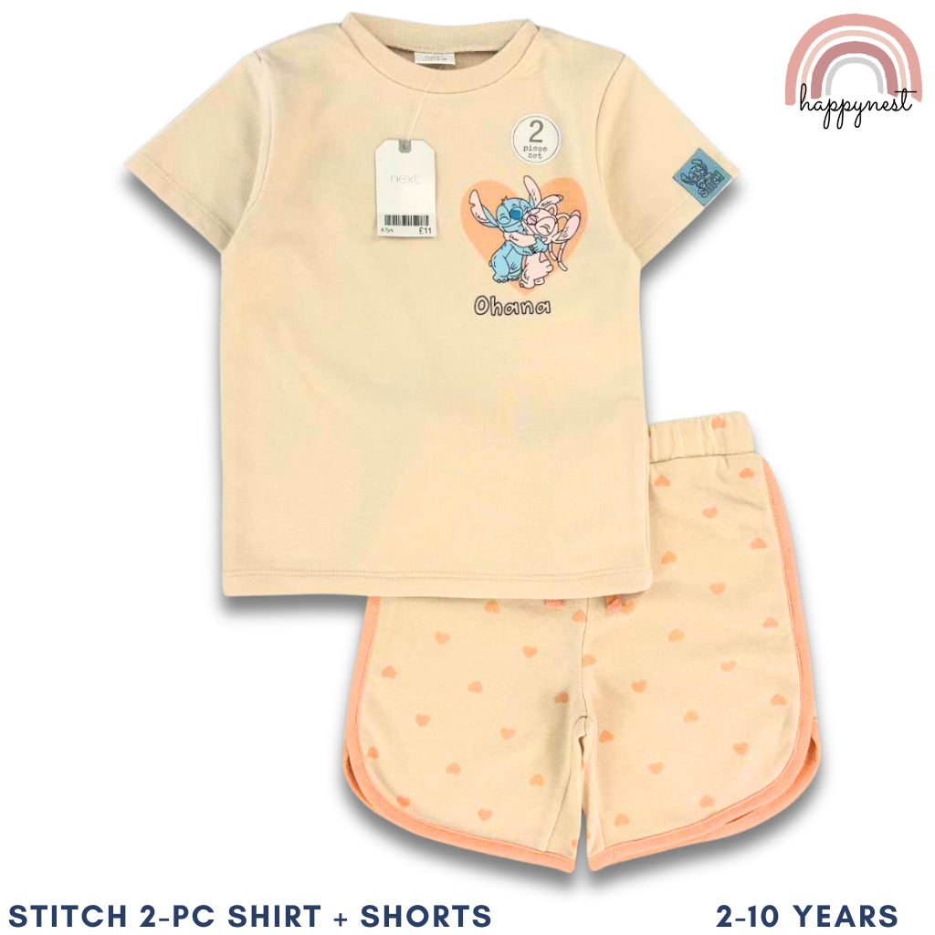Girls Stitch Ohana Shirt & Shorts Set | Summer Outfit for Kids 2-10 Years AA293