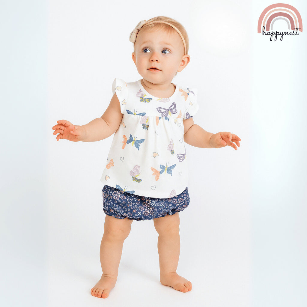 Baby Girls Butterfly 3-Piece Outfit with Top Bodysuit Bloomers | 0-18 Months AA257