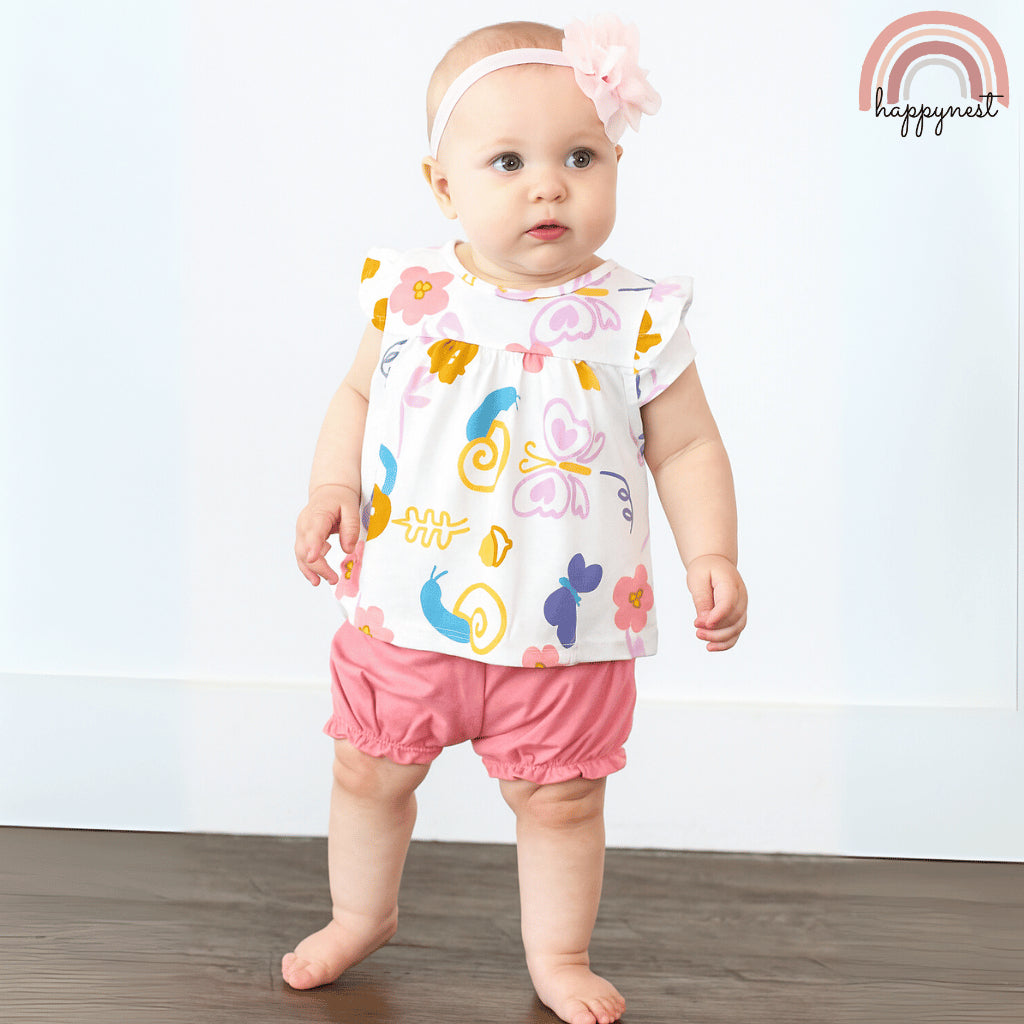 Baby Girls Pink Butterfly 3-Piece Outfit with Top Bodysuit Bloomers | 0-18M AA258