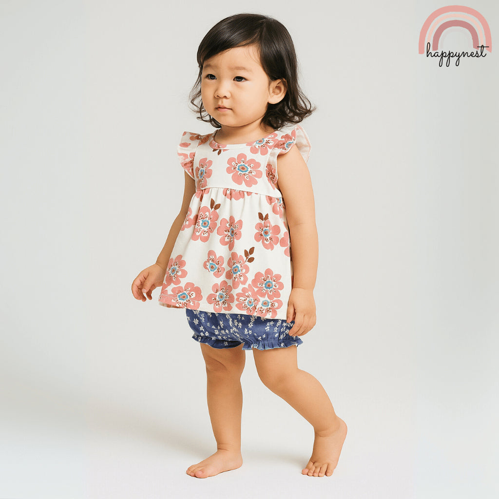 Baby Girls Floral 3-Piece Outfit with Top Bodysuit Bloomers | 0-18 Months AA259