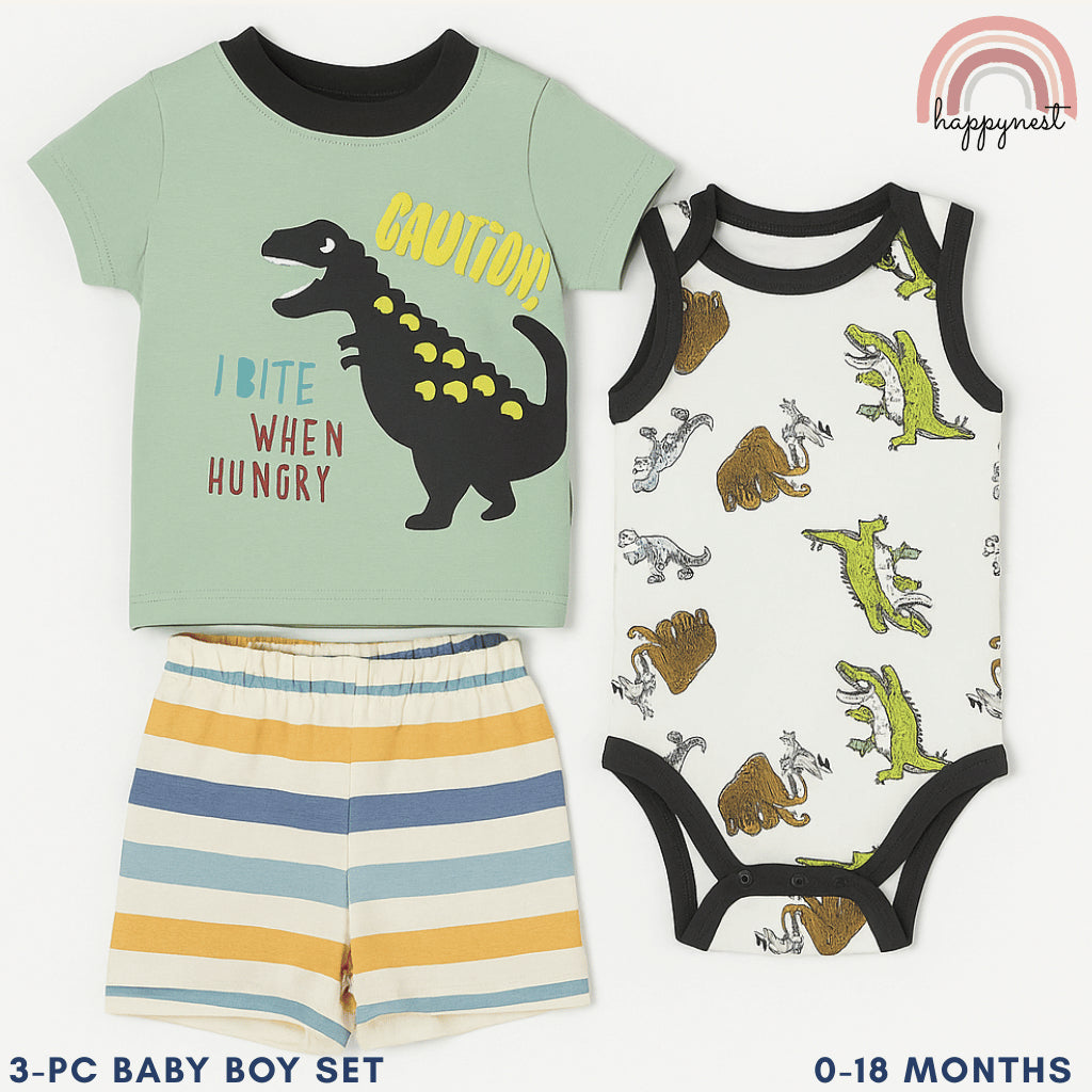 Baby Boys Dinosaur 3-Piece Outfit with Top Bodysuit Striped Shorts | 0-18M AA270