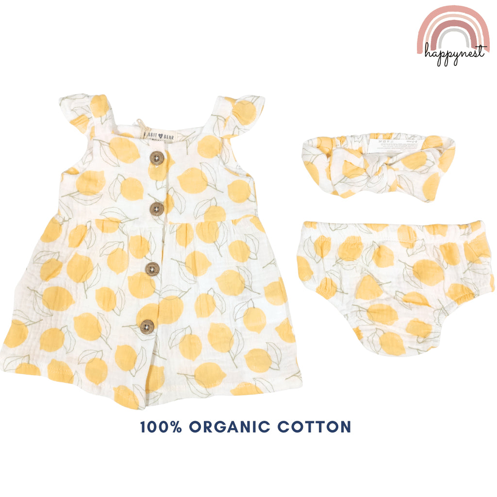 Baby Girl Clothes 3-Piece Set Lemon Print Dress Bloomers Headband 0-12 Months AA317