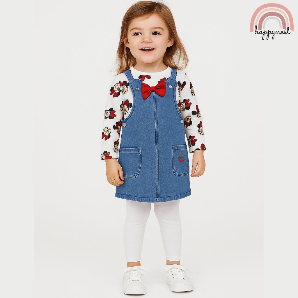 Minnie Mouse Denim Jumper Dress + Shirt Set for Girls 3-36 Months | 2-Piece AA236