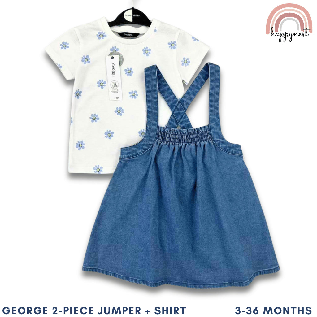 George Baby Girl Outfit 2-Piece White Shirt + Denim Jumper Dress 3-36M AA279