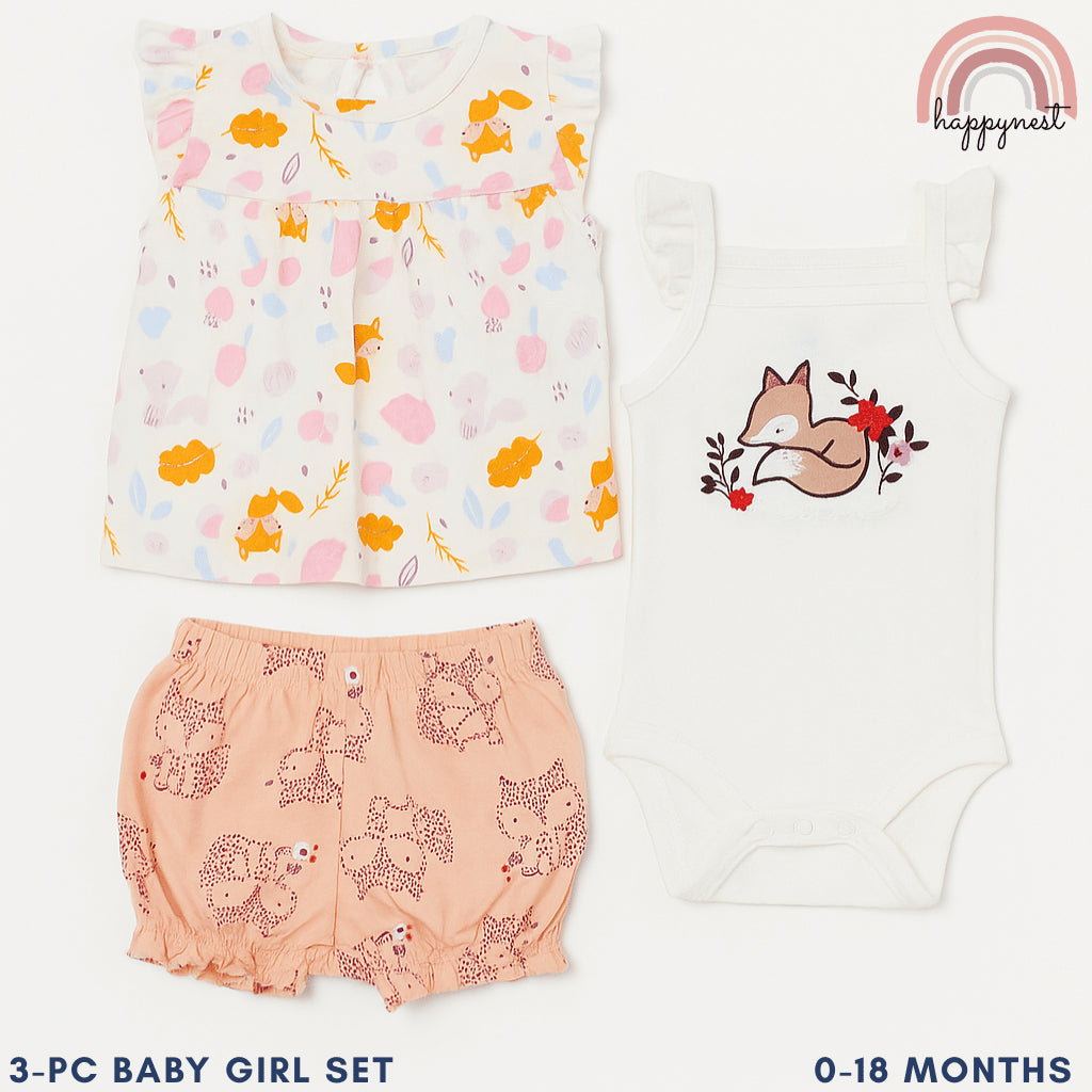 Baby Girls Fox 3-Piece Outfit with Top Bodysuit Bloomers | 0-18 Months AA260