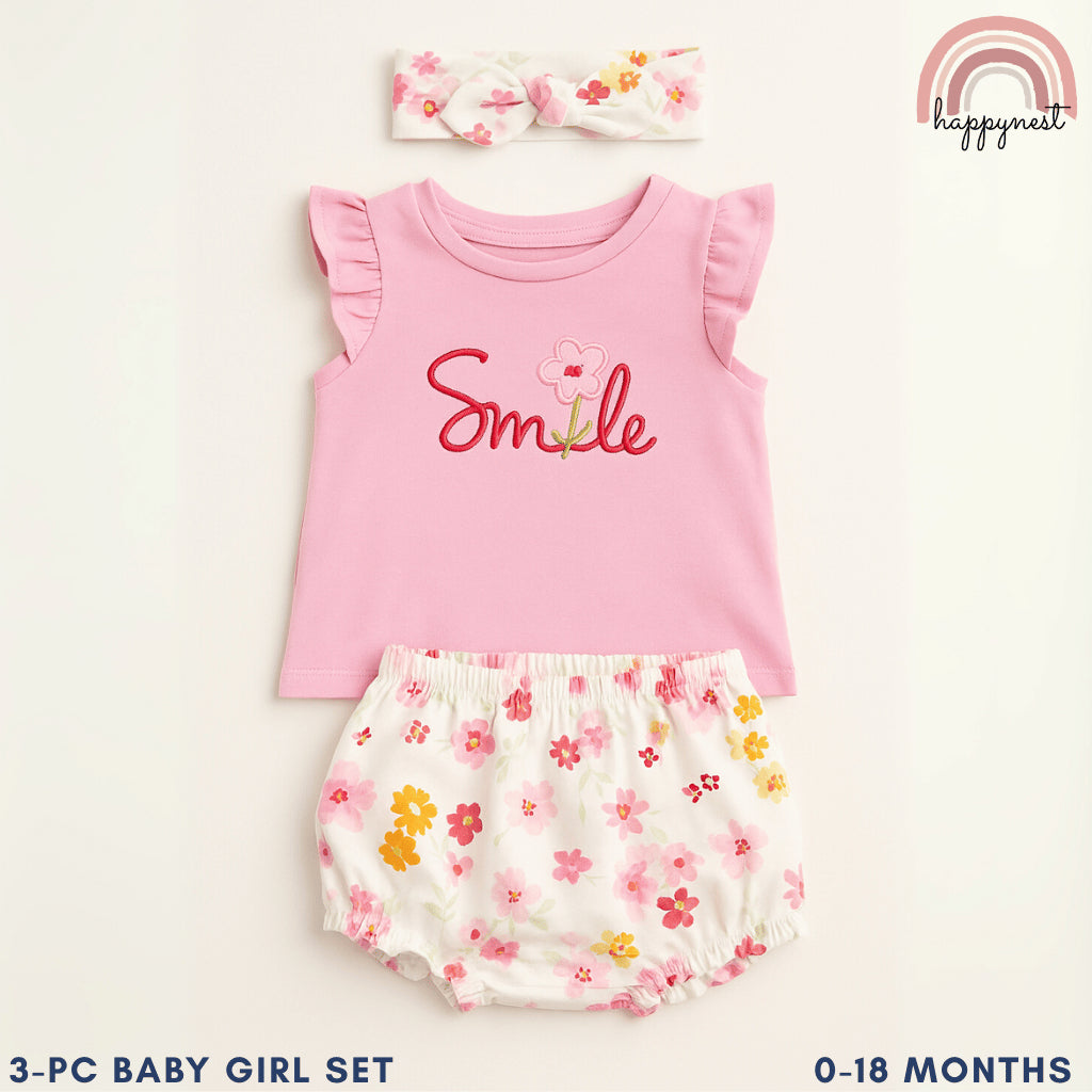 Baby Girls Pink Smile 3-Piece Outfit with Top Bloomers Headband | 0-18 Months AA263
