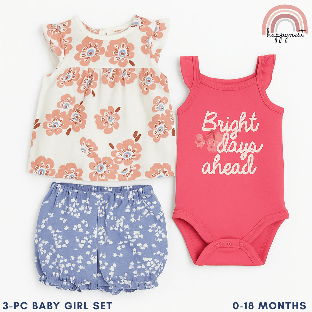 Baby Girls Floral 3-Piece Outfit with Top Bodysuit Bloomers | 0-18 Months AA259
