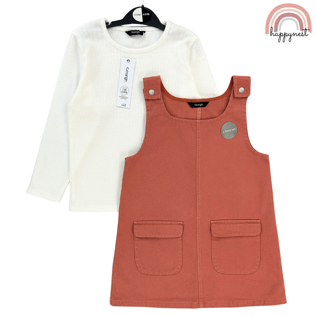 George Brown Jumper Dress + Beige Shirt Set for Girls 2-8 Years Old Outfit AA205