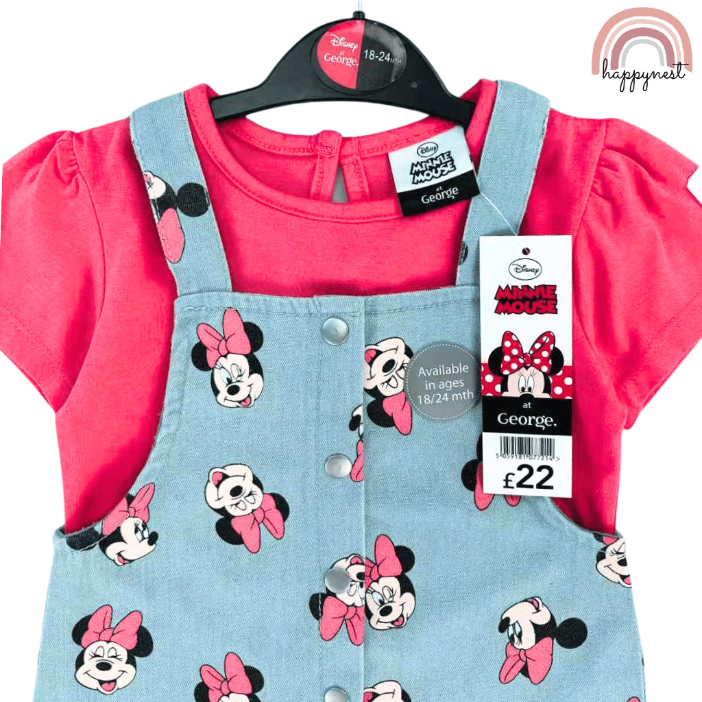 Minnie Mouse Baby Girl Outfit 2-Piece Pink Shirt + Denim Jumper Dress 3-36M AA278