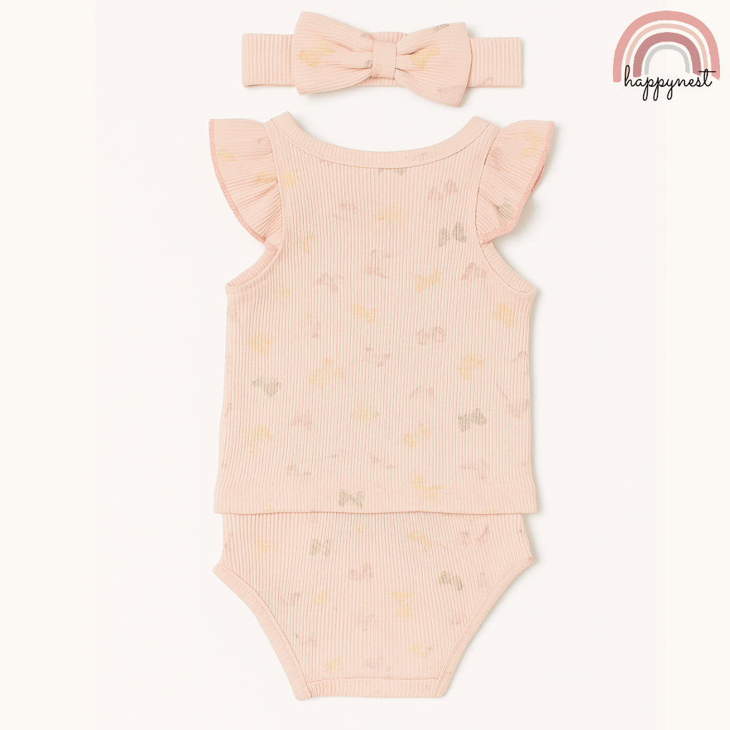 Baby Girls Peach Floral 3-Piece Summer Outfit with Top Bloomers Headband | 3-9M AA286