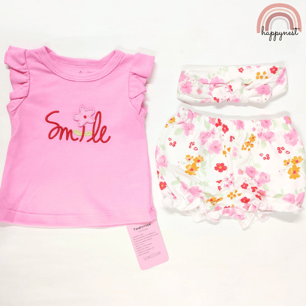 Baby Girls Pink Smile 3-Piece Outfit with Top Bloomers Headband | 0-18 Months AA263