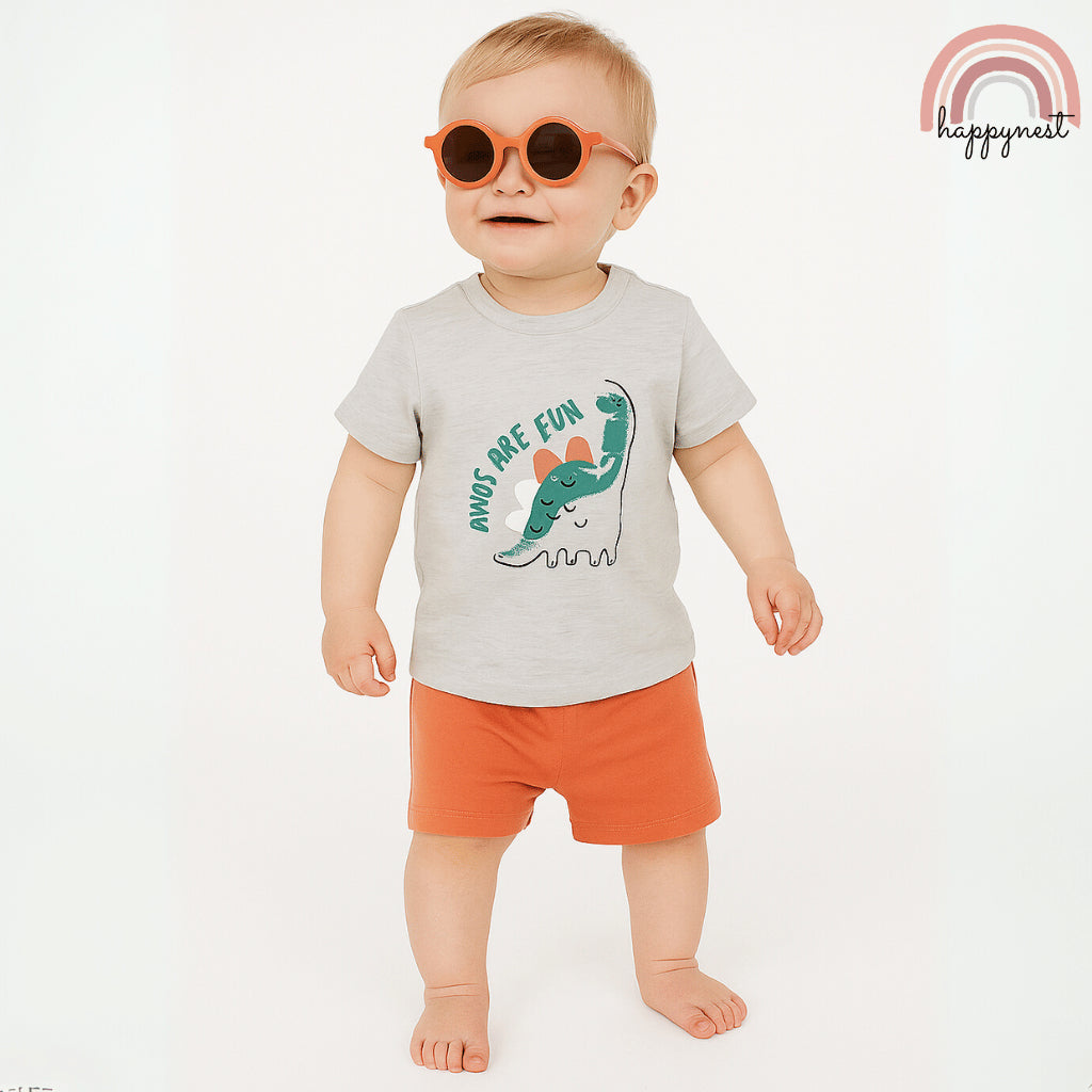 Baby Boys Dinos Are Fun 3-Piece Outfit with Top Shorts Sunglasses | 0-18 Months AA274