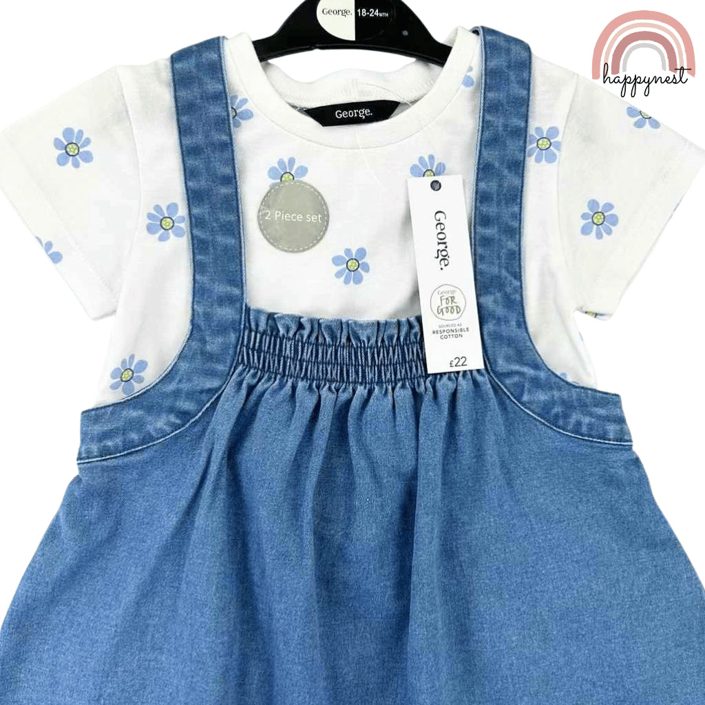 George Baby Girl Outfit 2-Piece White Shirt + Denim Jumper Dress 3-36M AA279
