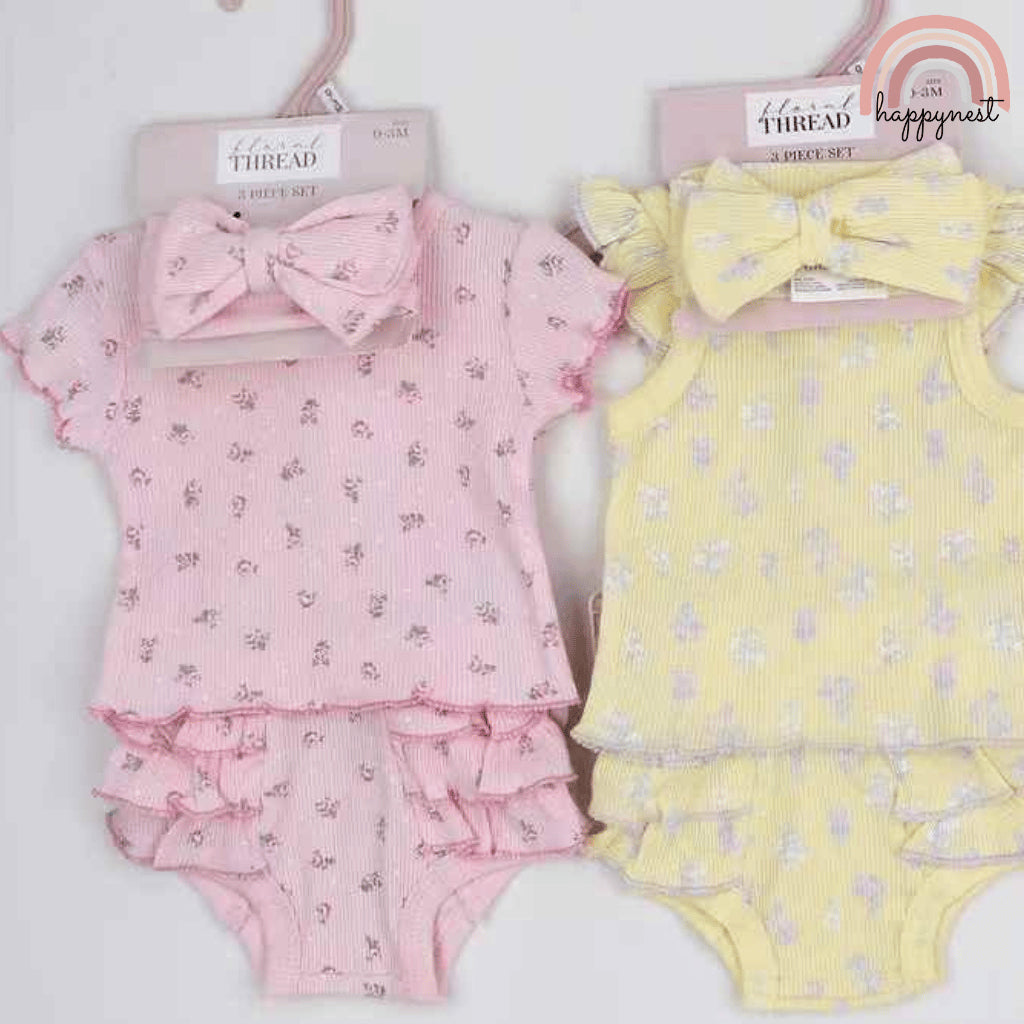 Baby Girls Pink Floral 3-Piece Outfit with Top Bloomers Headband | 3-9 Months AA284