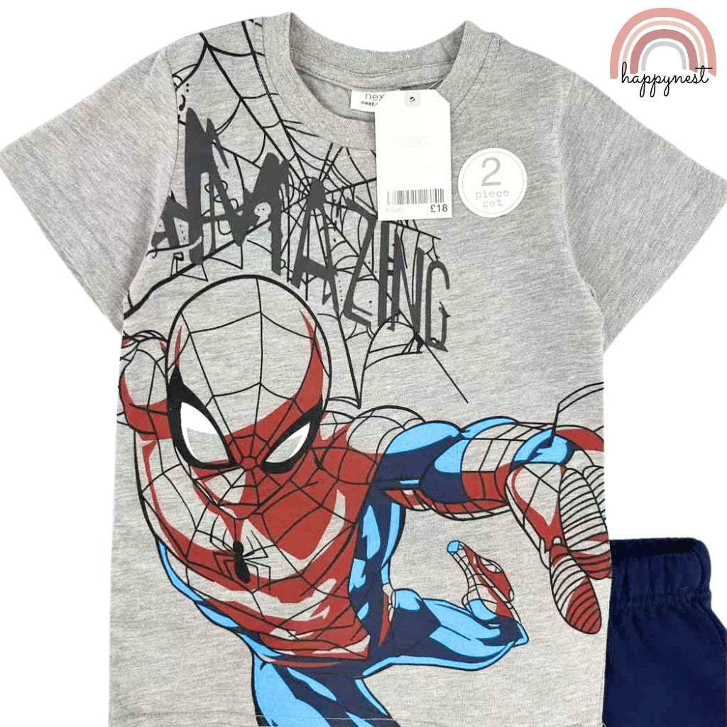 Spiderman Boys Gray Spider Hero Shirt & Navy Shorts Set | Kids Summer Outfit 2-10 Years AA288