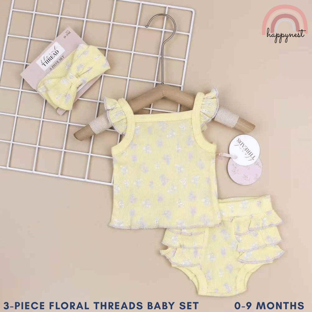 Baby Girls Yellow Floral 3-Piece Outfit with Top Bloomers Headband | 0-9 Months AA285