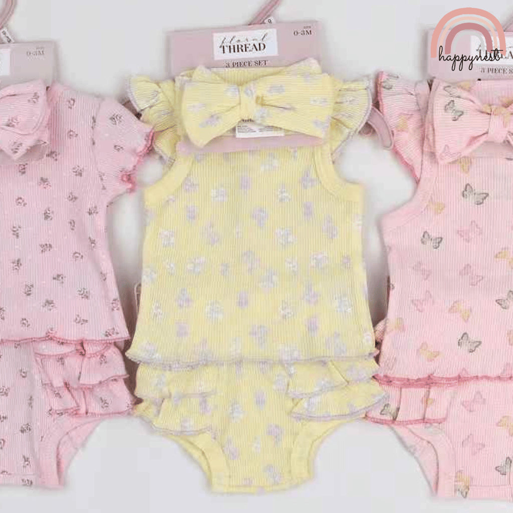 Baby Girls Yellow Floral 3-Piece Outfit with Top Bloomers Headband | 0-9 Months AA285