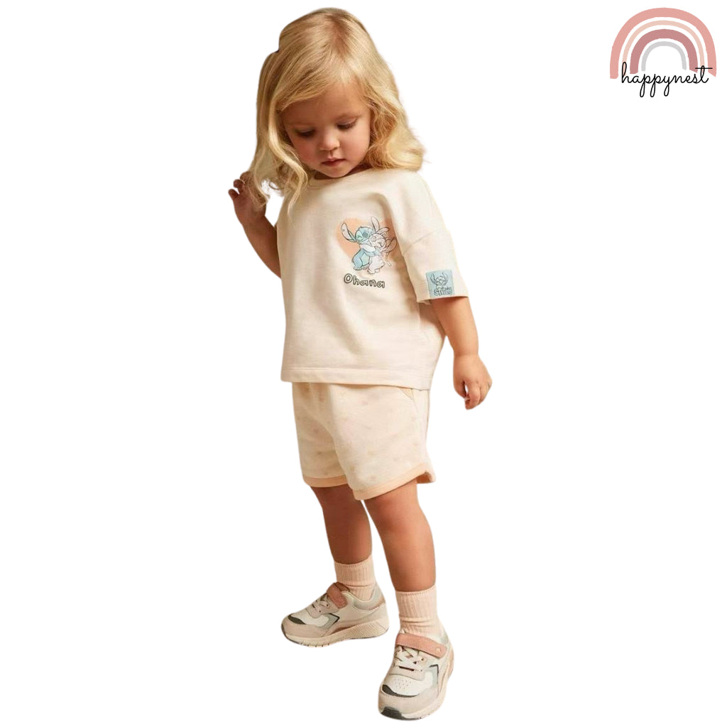 Girls Stitch Ohana Shirt & Shorts Set | Summer Outfit for Kids 2-10 Years AA293