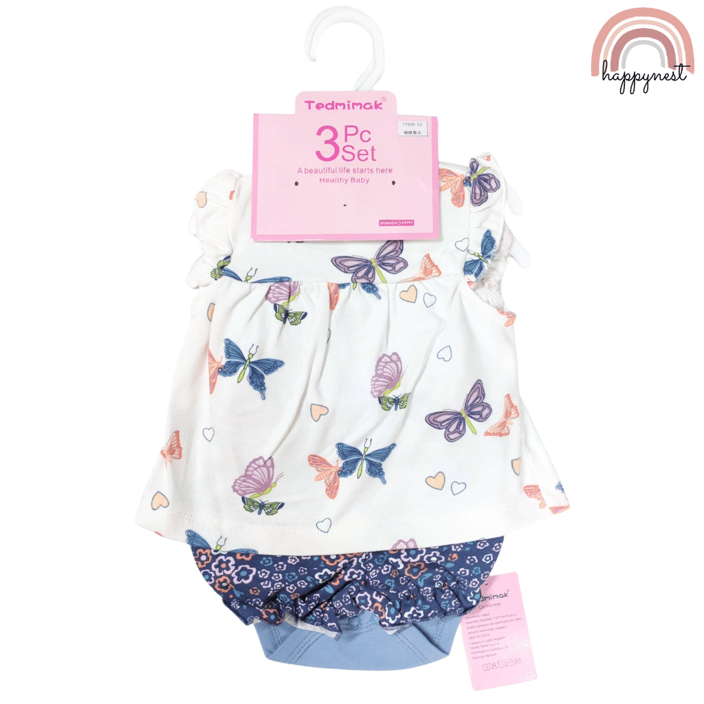 Baby Girls Butterfly 3-Piece Outfit with Top Bodysuit Bloomers | 0-18 Months AA257