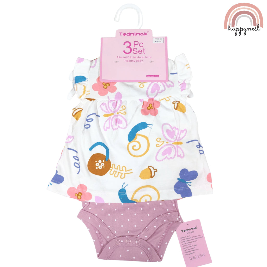 Baby Girls Pink Butterfly 3-Piece Outfit with Top Bodysuit Bloomers | 0-18M AA258