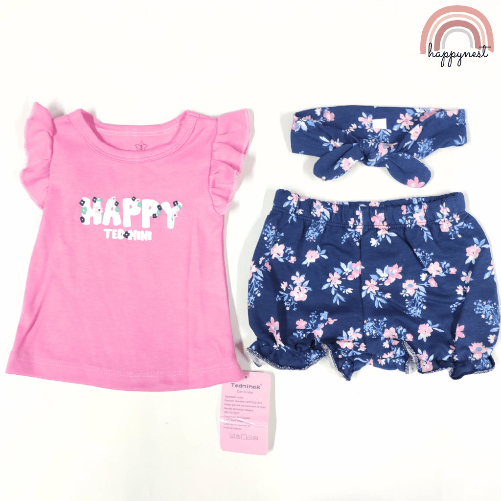 Baby Girls Pink Happy 3-Piece Outfit with Top Bloomers Headband | 0-18 Months AA262