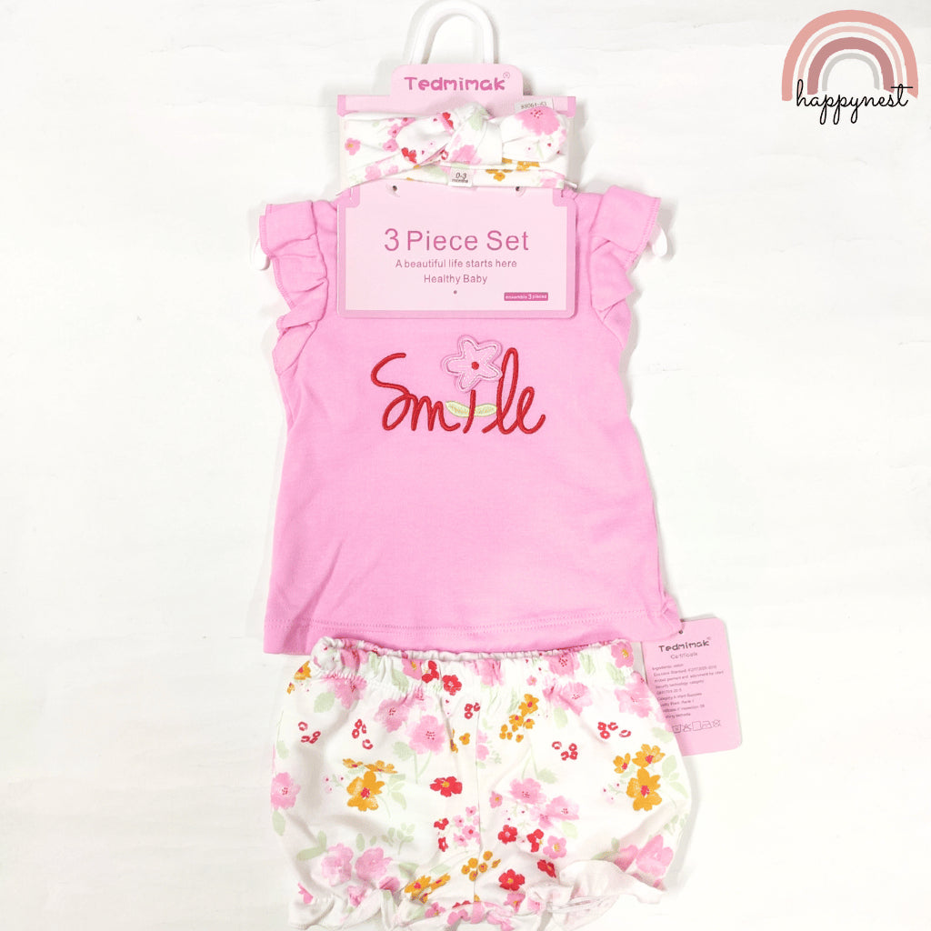 Baby Girls Pink Smile 3-Piece Outfit with Top Bloomers Headband | 0-18 Months AA263