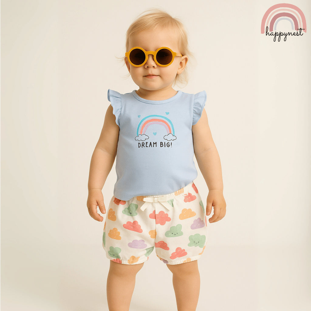 Baby Girls Dream Big Rainbow 3-Piece Outfit with Top Shorts Sunglasses | 0-18M AA265