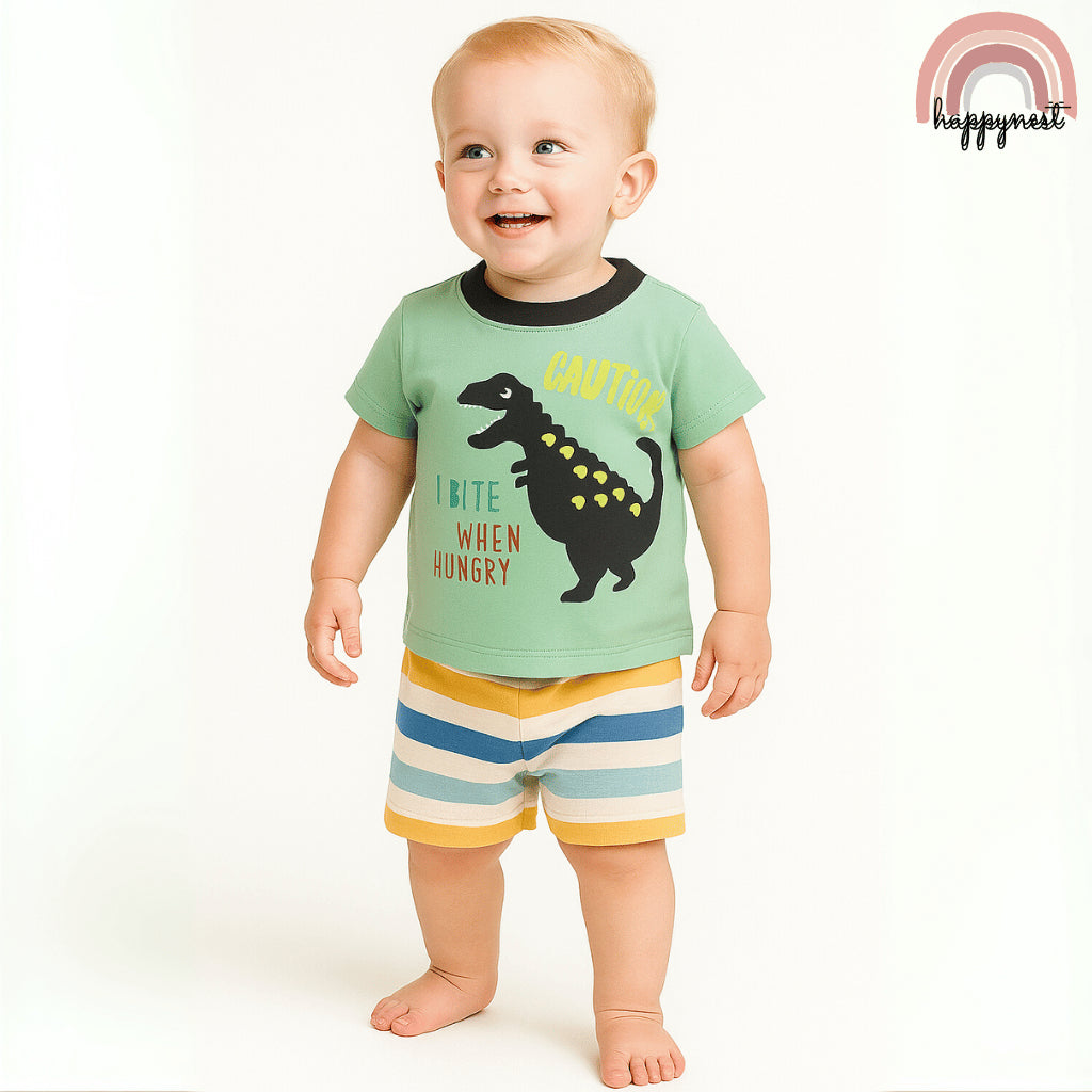 Baby Boys Dinosaur 3-Piece Outfit with Top Bodysuit Striped Shorts | 0-18M AA270