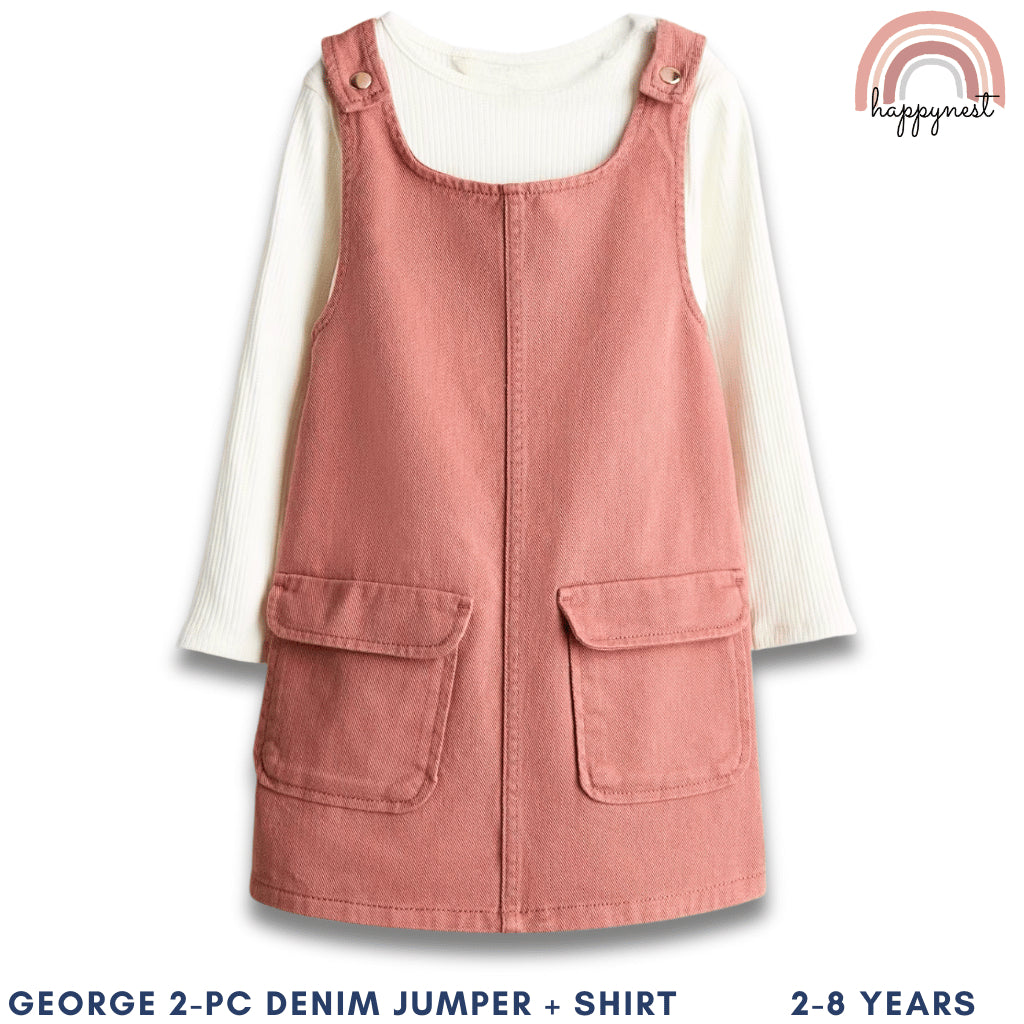 George Brown Jumper Dress + Beige Shirt Set for Girls 2-8 Years Old Outfit AA205