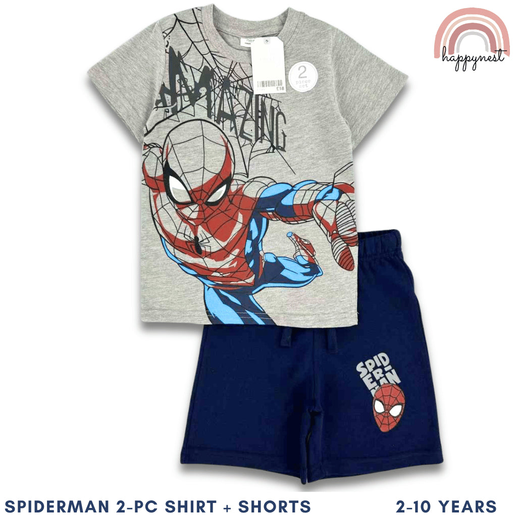 Spiderman Boys Gray Spider Hero Shirt & Navy Shorts Set | Kids Summer Outfit 2-10 Years AA288