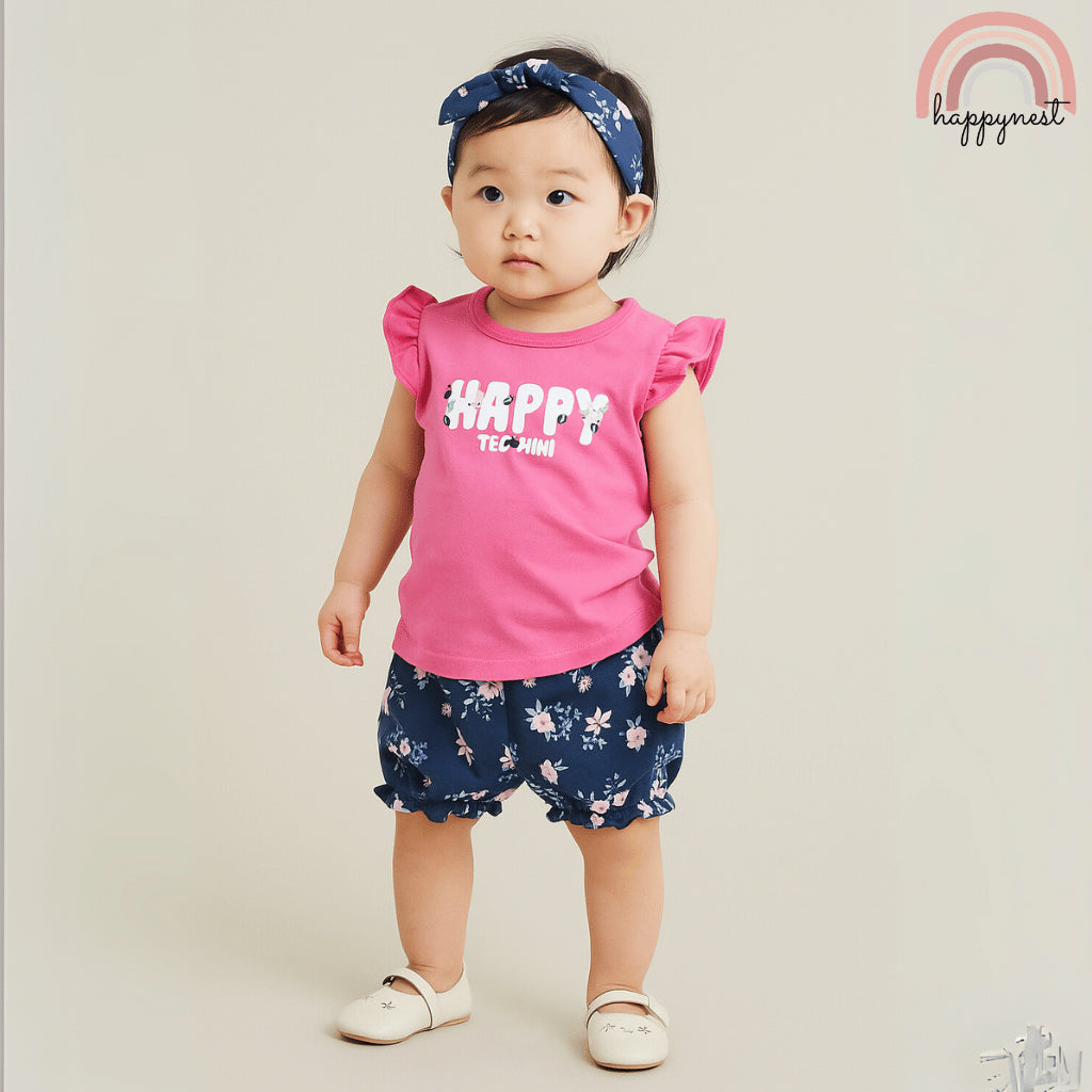Baby Girls Pink Happy 3-Piece Outfit with Top Bloomers Headband | 0-18 Months AA262