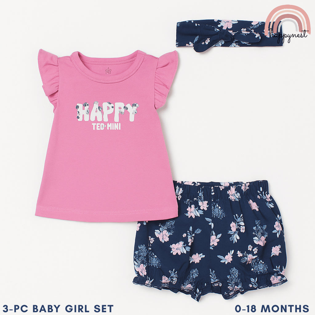Baby Girls Pink Happy 3-Piece Outfit with Top Bloomers Headband | 0-18 Months AA262