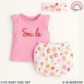 Baby Girls Pink Smile 3-Piece Outfit with Top Bloomers Headband | 0-18 Months AA263